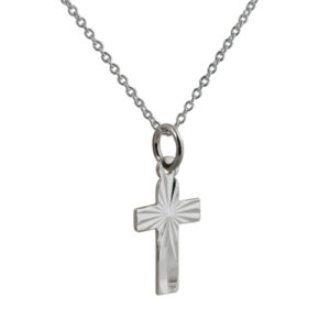 Silver 15x11mm diamond cut sunray flat latin Cross with a 1mm wide rolo Chain