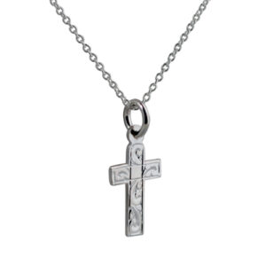 Silver 15x11mm hand engraved flat latin Cross with a 1mm wide rolo Chain 20 inches