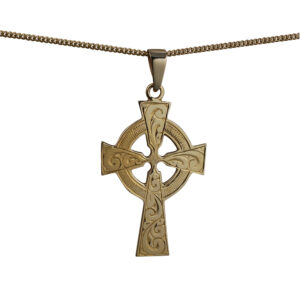 9ct Gold 40x29mm hand engraved Celtic Cross on a bail loop with a 1.8mm wide curb Chain