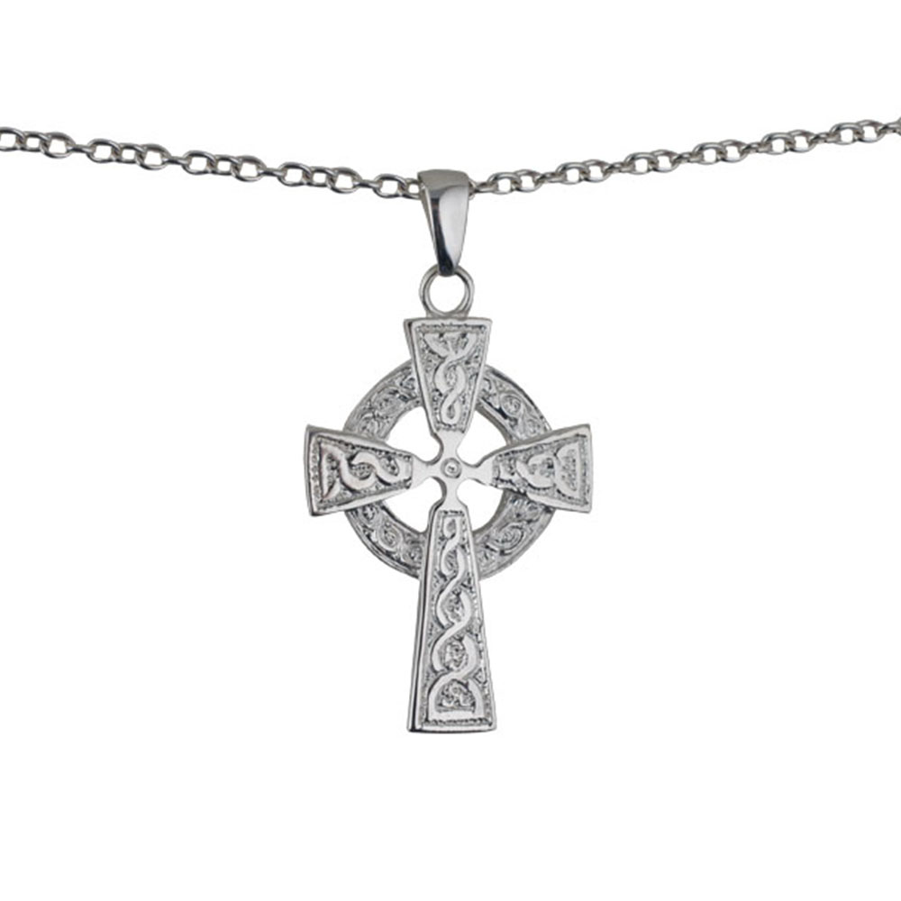 Silver 41x29mm embossed knot design Celtic Cross on a bail loop with a 2.5mm wide cable Chain 22 inches