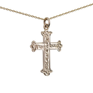 9ct Gold 30x22mm Fancy embossed pattern Cross with a 1.2mm wide cable Chain
