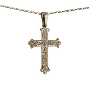 9ct Gold 37x26mm Fancy embossed pattern Cross on a bail loop with a 1.4mm wide belcher Chain