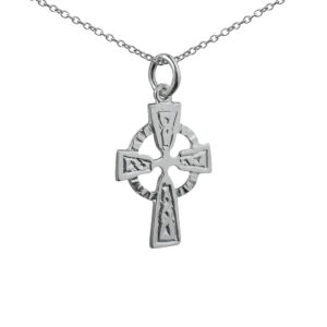 Silver 22x16mm celtic embossed pattern Cross with a 1mm wide rolo Chain