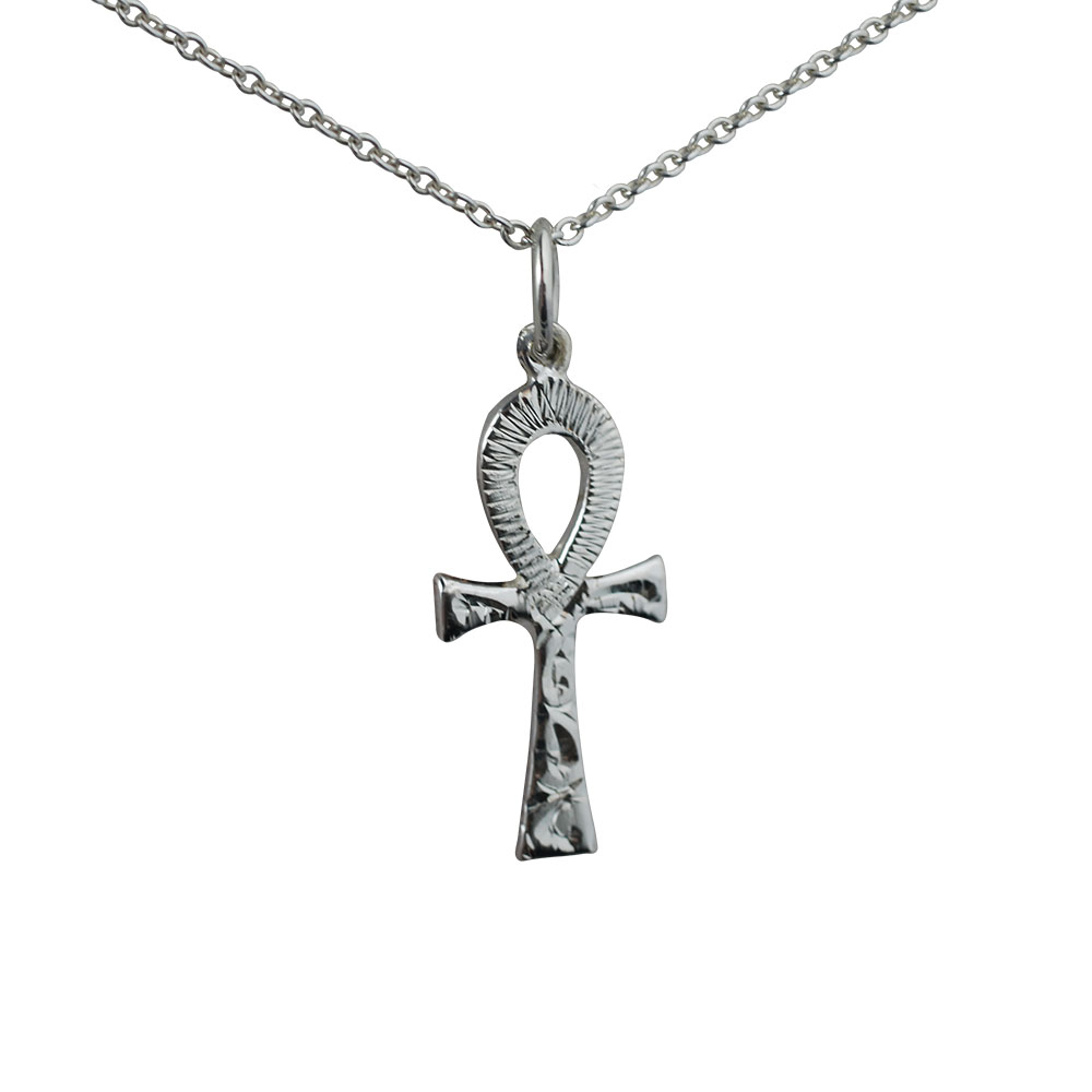 Silver 18x10mm solid hand engraved Ankh or Peace Cross with a 1mm wide rolo Chain 16 inches Only Suitable for Children
