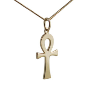18ct Gold 18x10mm plain solid Ankh or Peace Cross with a 1mm wide curb Chain
