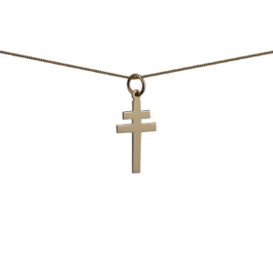 9ct Gold 20x17mm plain Cross of Lorraine with a 0.6mm wide curb Chain
