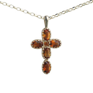 9ct Gold 25x16mm Cross set with 5 Citrine and 1 Pearl on a 1.4mm wide belcher Chain