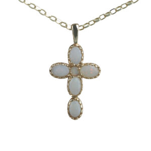 9ct Gold 25x16mm Cross set with Opals on a 1.4mm wide belcher Chain