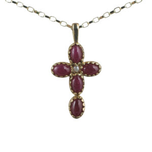 9ct Gold 25x16mm Cross set with 5 Rubies and 1 Pearl on a 1.4mm wide belcher Chain