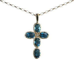 9ct Gold 25x16mm Cross set with 5 Blue Topaz and 1 Pearl on a 1.4mm wide belcher Chain