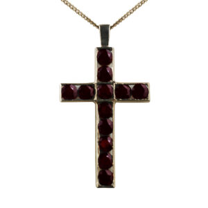 9ct Gold 45x29mm Apostle's Cross set with 12 Garnets with a 1.8mm wide curb Chain