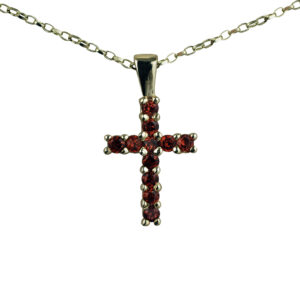9ct Gold 24x17mm Garnet set Cross with a 1.4mm wide belcher Chain 16 inches Only Suitable for Children