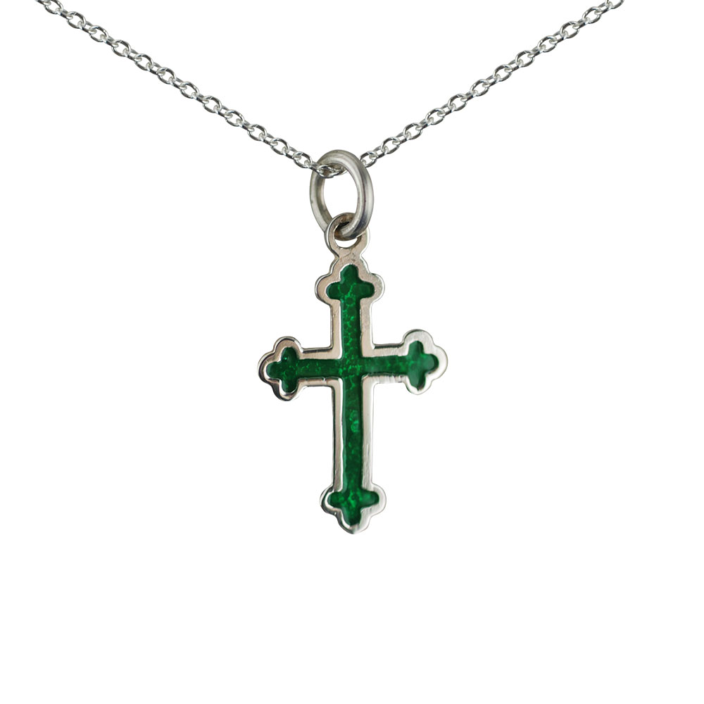 Silver 21x15mm green cold cure enameled club end edge Cross with a 1mm wide rolo Chain 24 inches