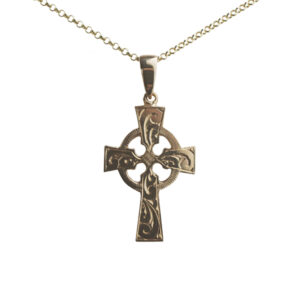 9ct Gold 35x24mm hand engraved Celtic Cross on a bail loop with a 1.8mm wide belcher Chain 22 inches