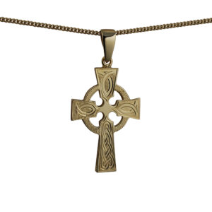 9ct Gold 35x24mm hand engraved knot pattern Celtic Cross on a bail loop with a 1.8mm wide curb Chain