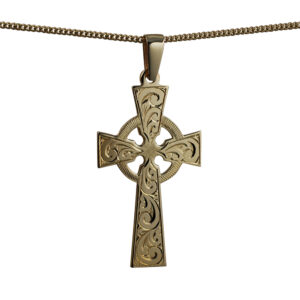 9ct Gold 44x26mm hand engraved Celtic Cross on a bail loop with a 1.8mm wide curb Chain 22 inches