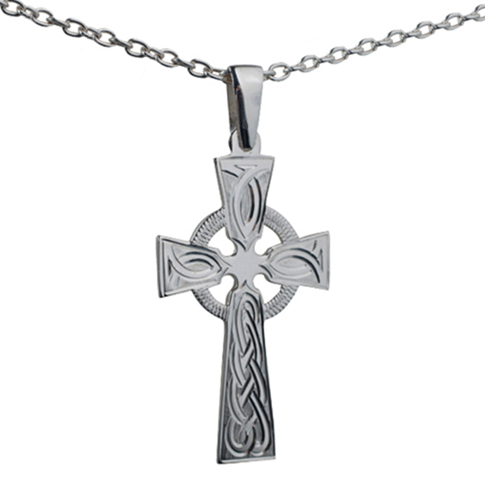 Silver 44x26mm hand engraved knot pattern Celtic Cross on a bail loop with a 2.5mm wide cable Chain