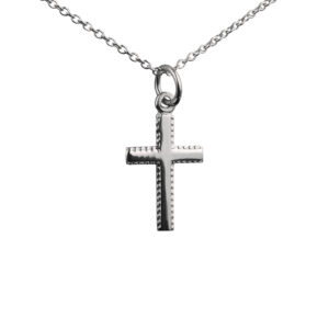 Silver 17x11mm plain milled edge latin Cross with a 1mm wide rolo Chain