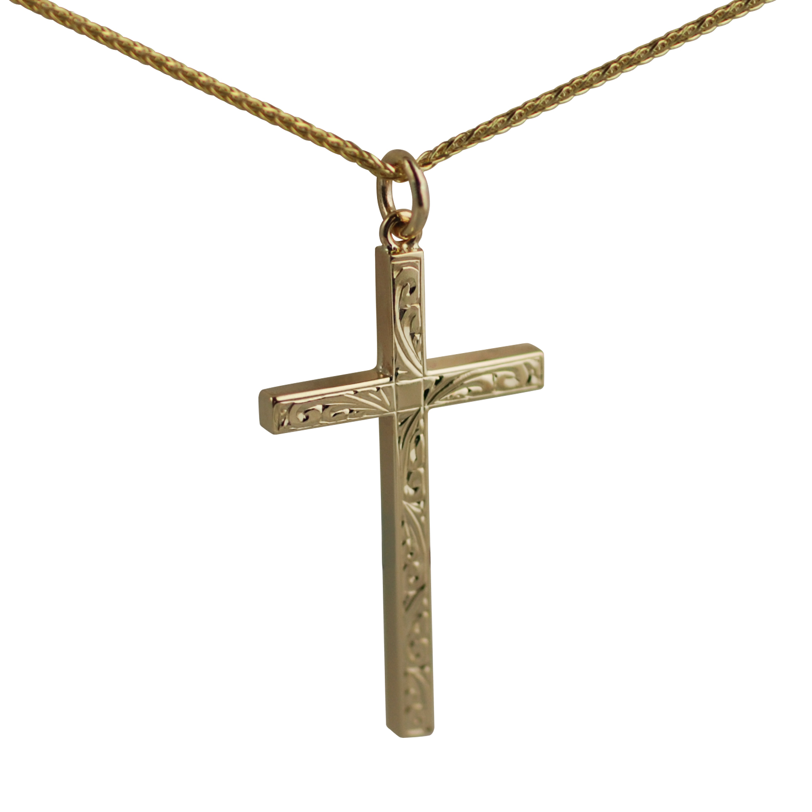 9ct Gold 40x24mm hand engraved solid block Cross with a 1.1mm wide spiga Chain 20 inches