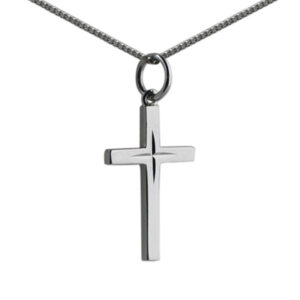 9ct White Gold 20x12mm diamond cut star solid block Cross with a 1mm wide curb Chain